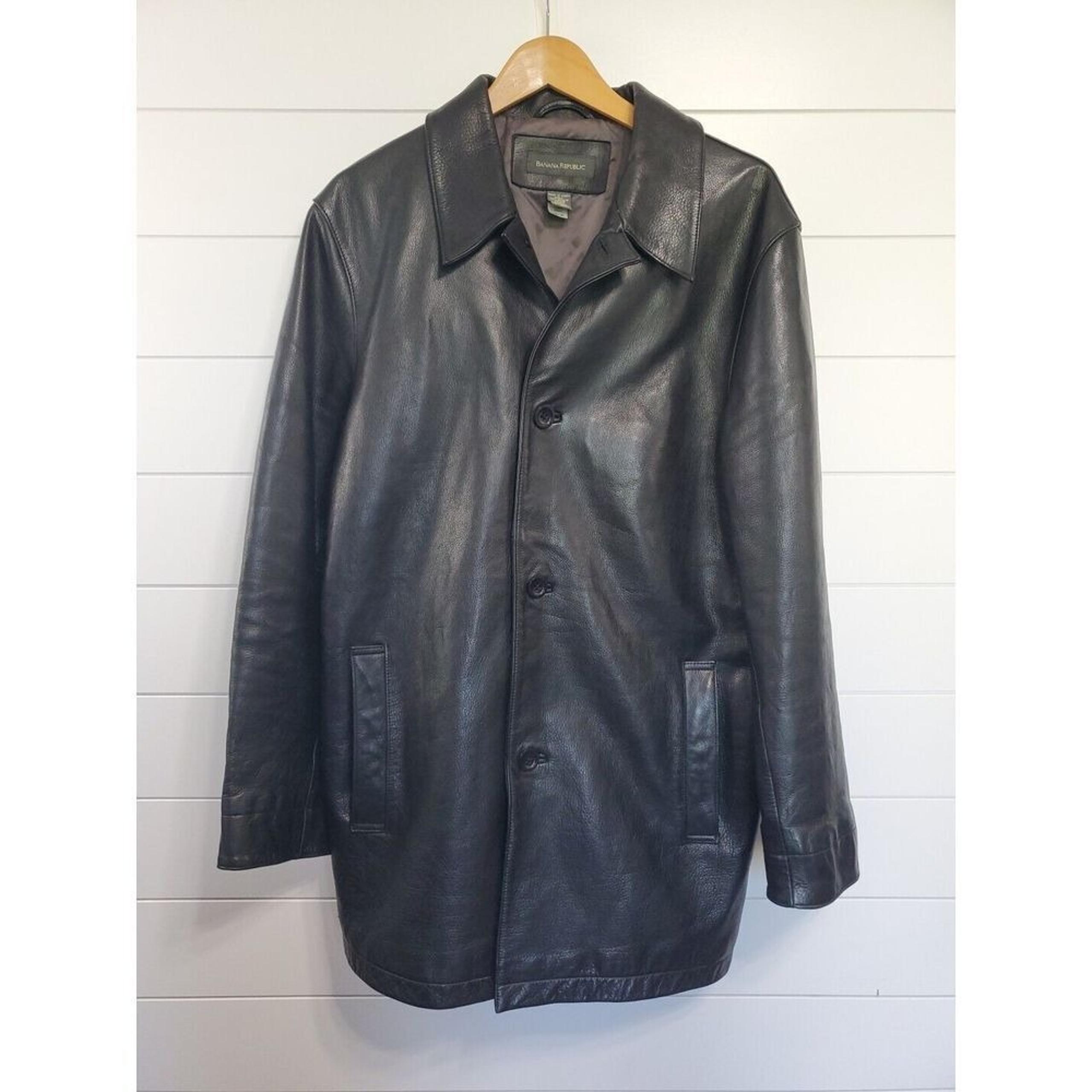 Banana Republic Men's Genuine Leather 90s Trench Jacket Coat Size L Black Angel