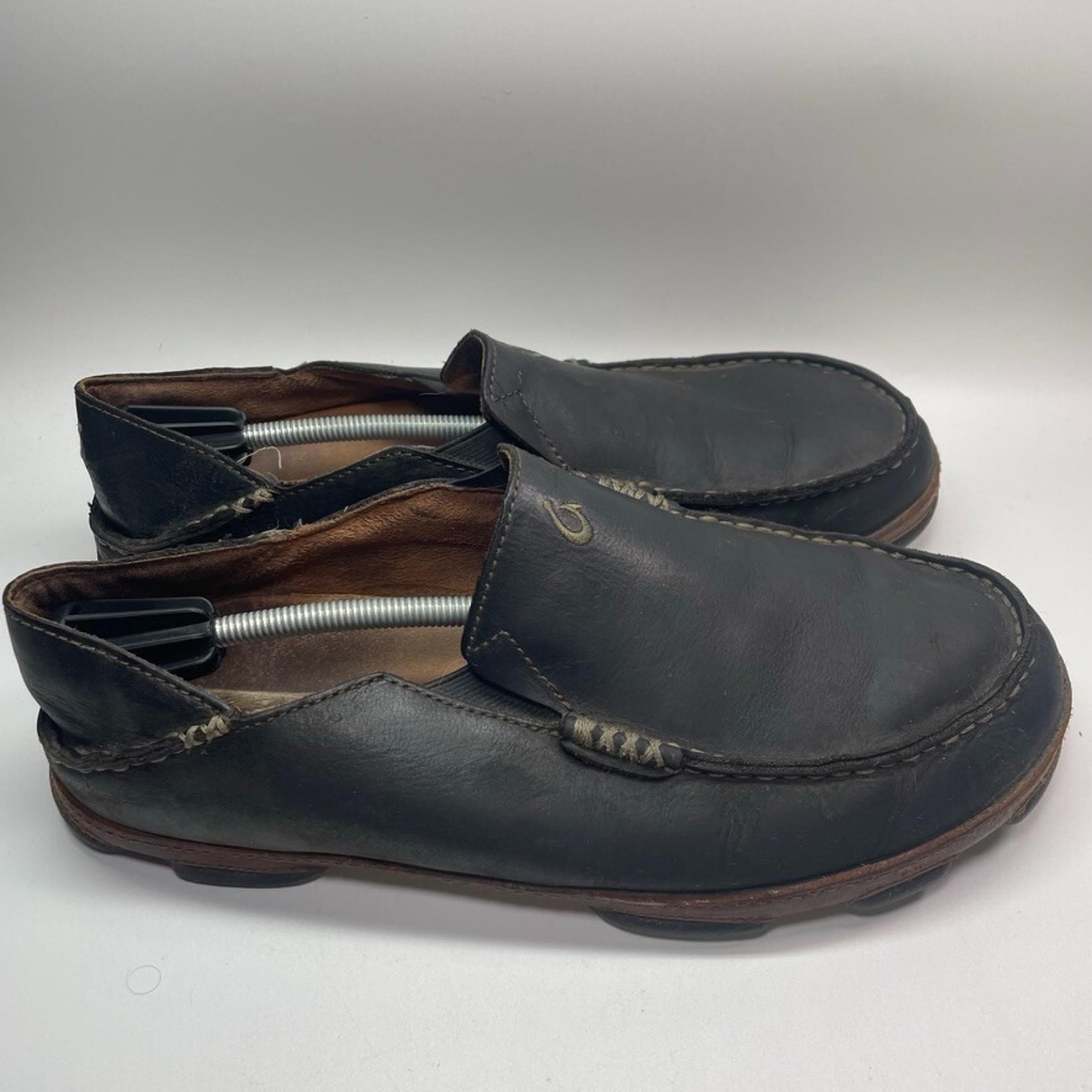 OluKai Moloa Shoes Mens Size 10 Black Brown Slip On Loafers Leather Slippers
