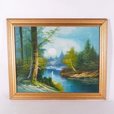 Sun Moon Forest Trees River Water Nature Landscape Original Painting Art Artwork