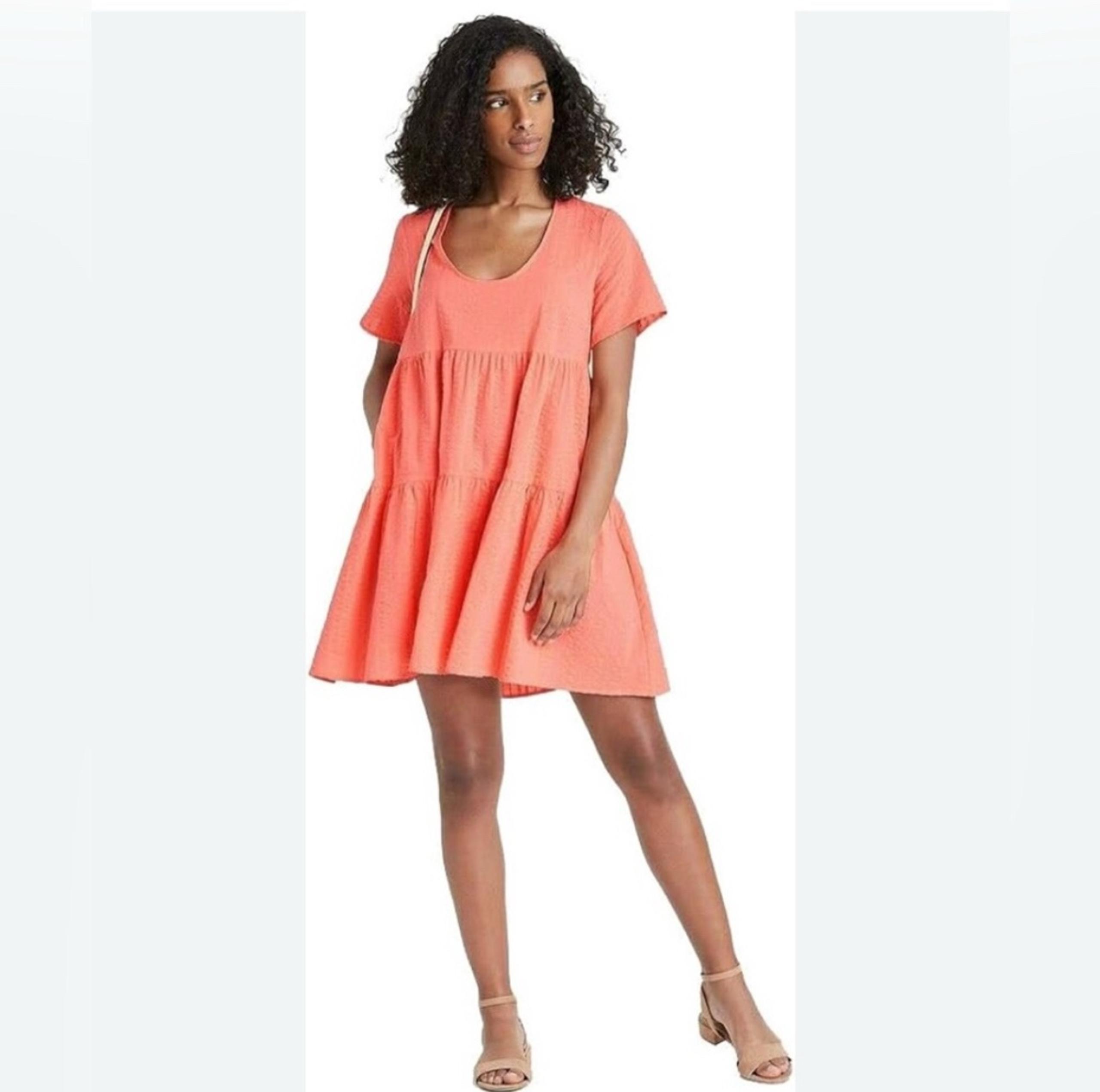 A New Day Women's peach colored Flutter Short Sleeve Tiered short dress XS NWT