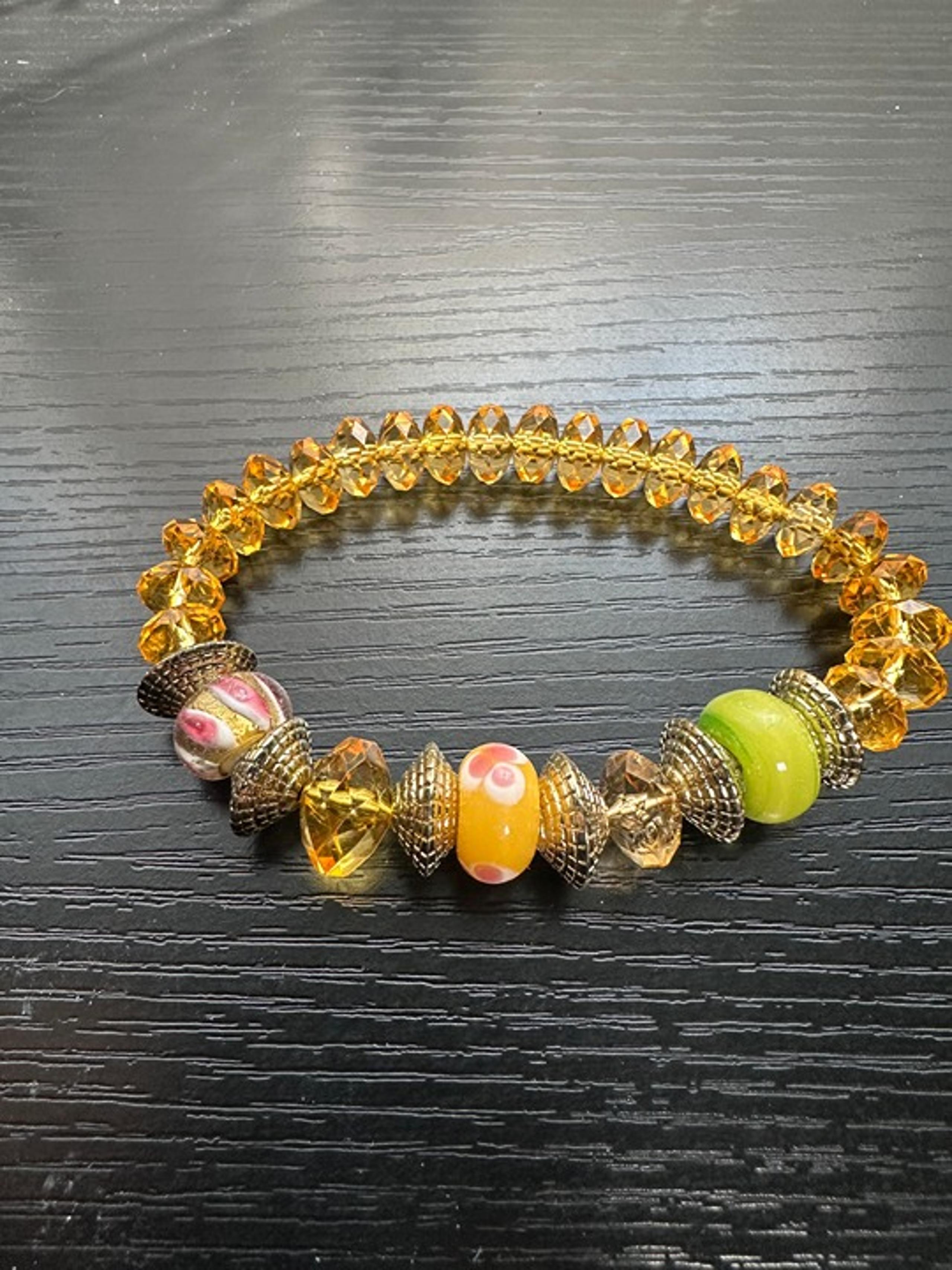 Amber & Gold Crystal Beaded Stretch Bracelet - Warm & Elegant Look