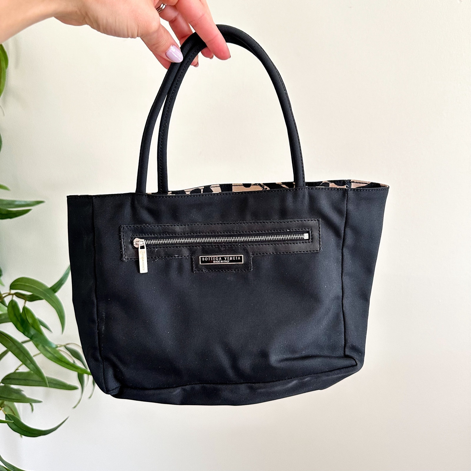 Bottega Veneta Double Top Handle Animal Print Lining Hand Bag Black