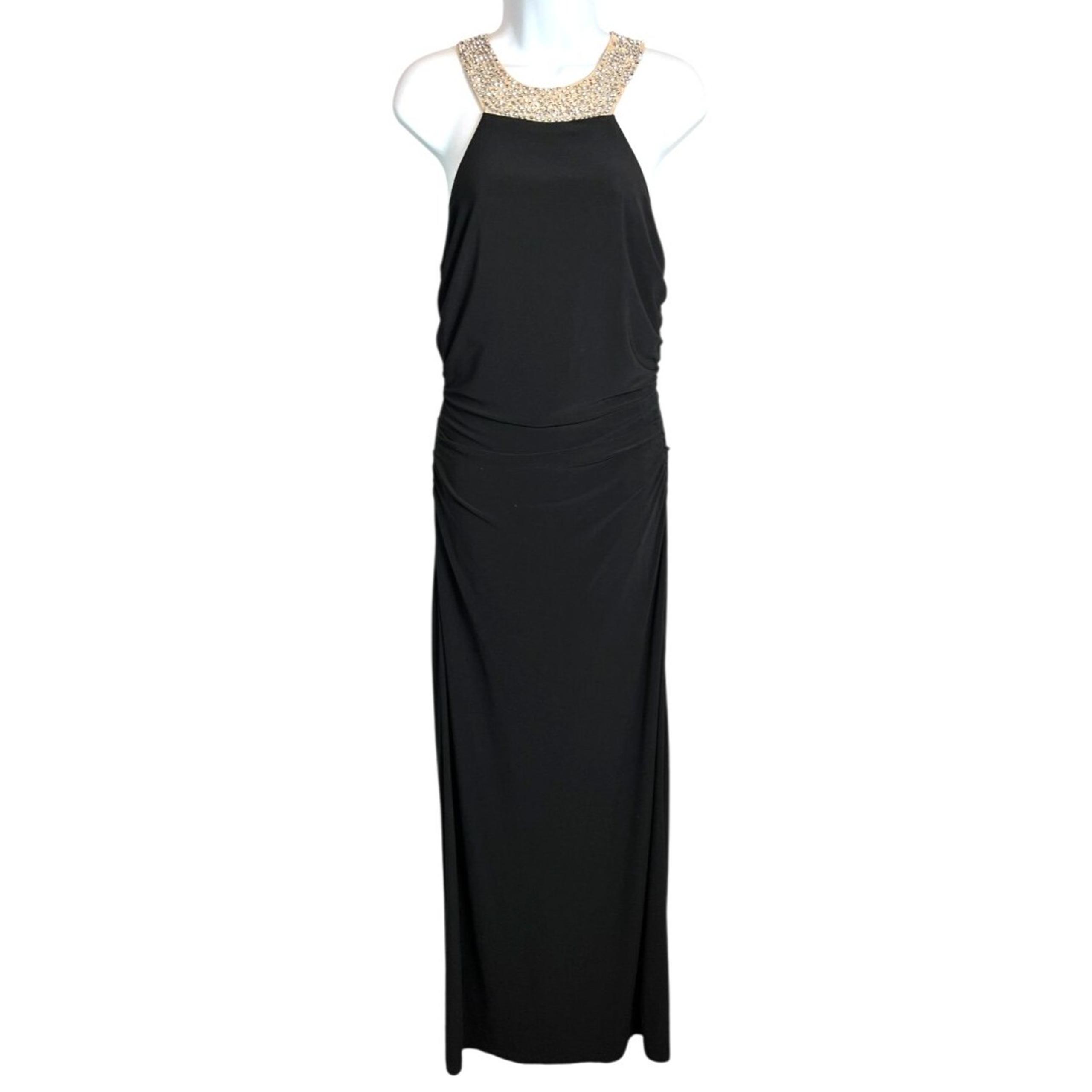 Vintage Cachet Black & Gold Ruched Halter Maxi Dress Evening Gown  Size 8