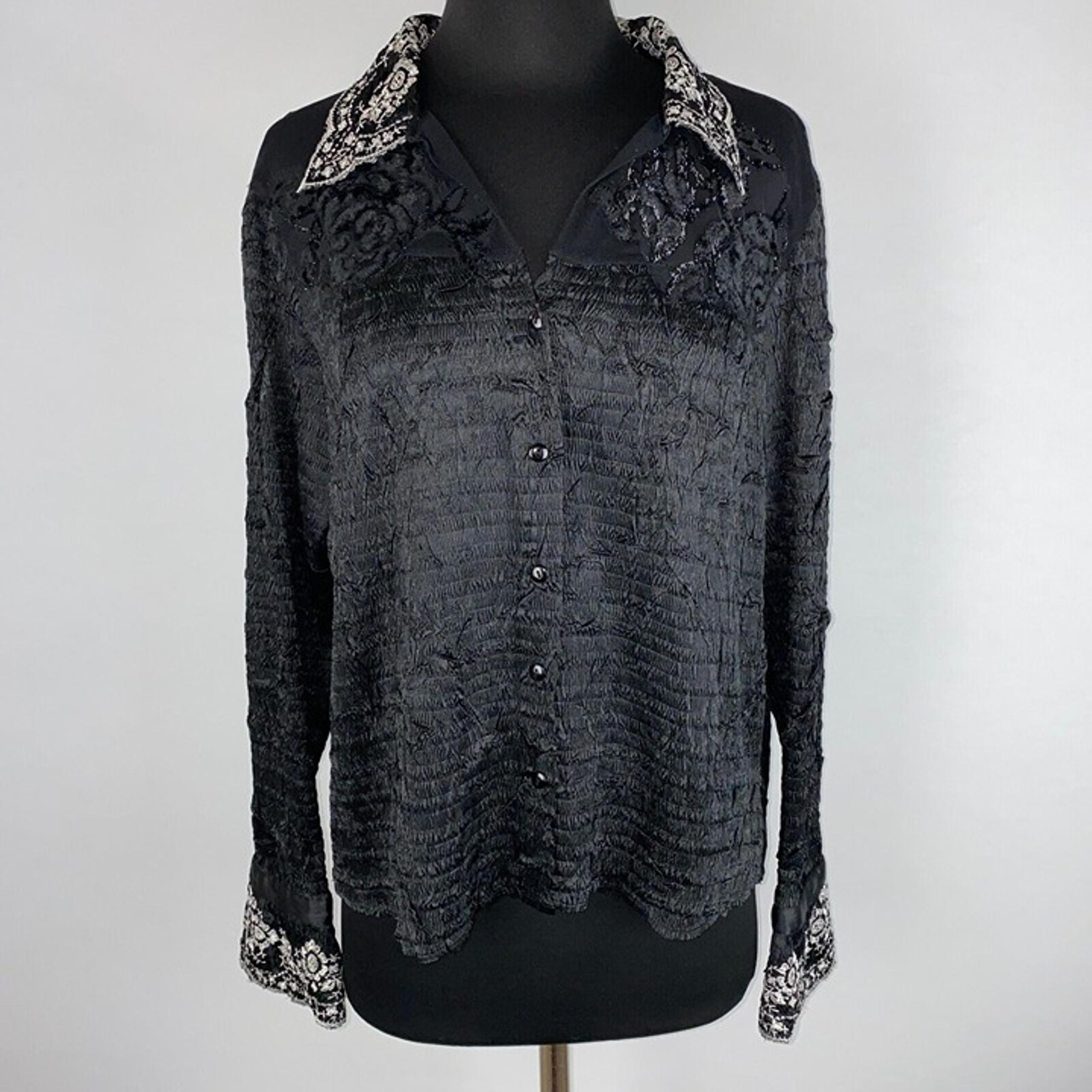 Alberto Makali Button Down Shirt Women's Size XL Crinkle Embroidered Sequins Art