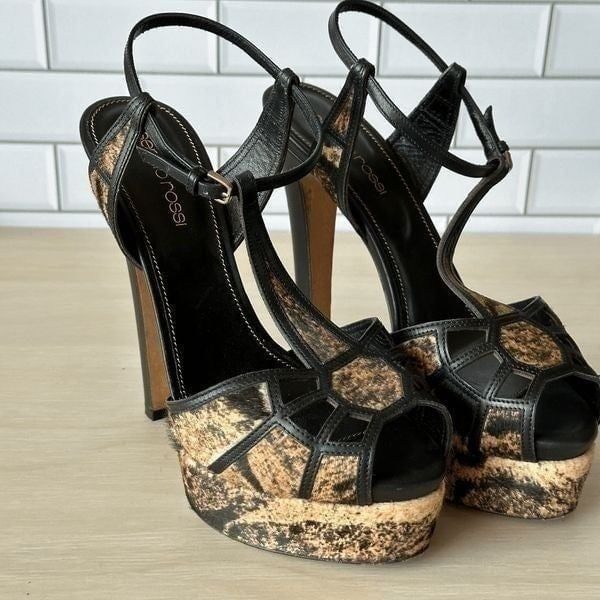 Sergio Rossi Ponyhair Animal Print Peep Toe Platform Pumps Size 36.5