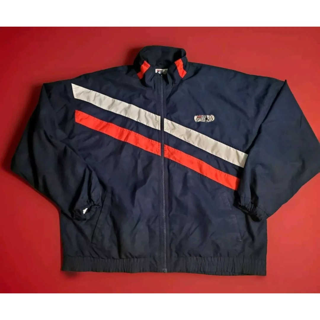 Vintage Fila Zip Up Track Jacket XXL Navy Blue 1990s Stripe White and Red
