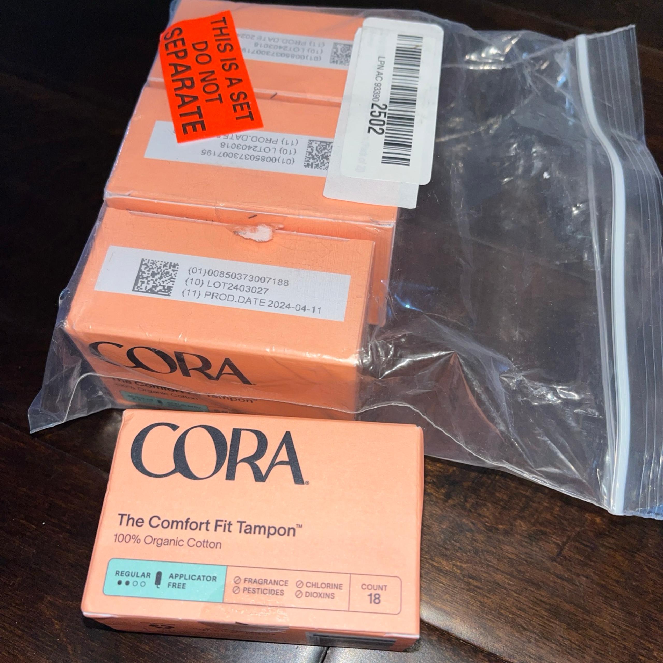 Cora Comfort Fit Organic Cotton Tampons Regular Lot 4 Total 72ct