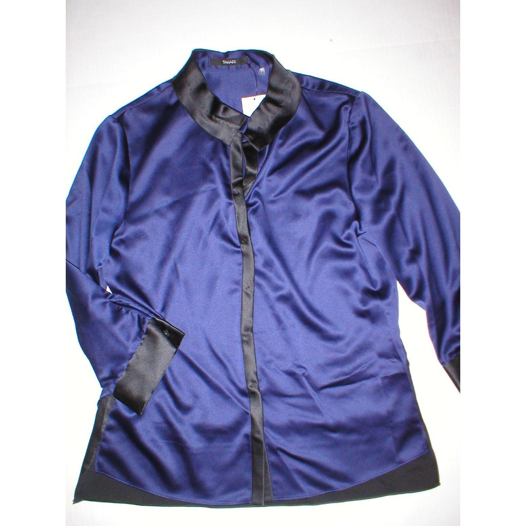 Womens New XS Blue Dark Black NWT 138 Tahari Blouse Top Long Sleeves Office