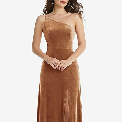 After Six 1556..One-Shoulder Spaghetti Strap Velvet Dress...Golden Almond..Sz 10