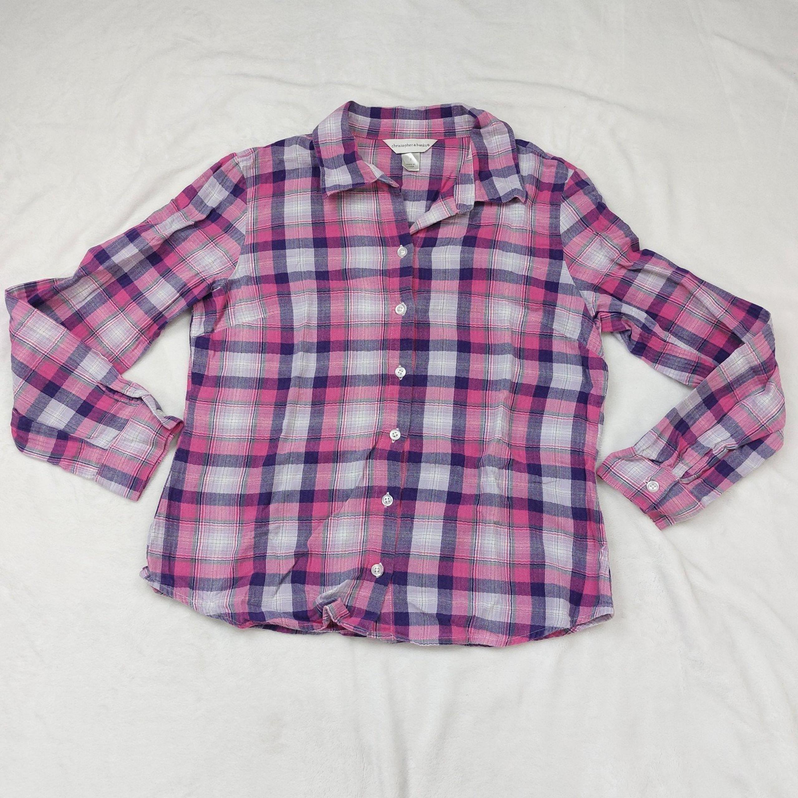 CHRISTOPHER AND BANKS WOMEN'S PINK AND PURPLE PLAID BUTTON DOWN SHIRT SIZE SMALL