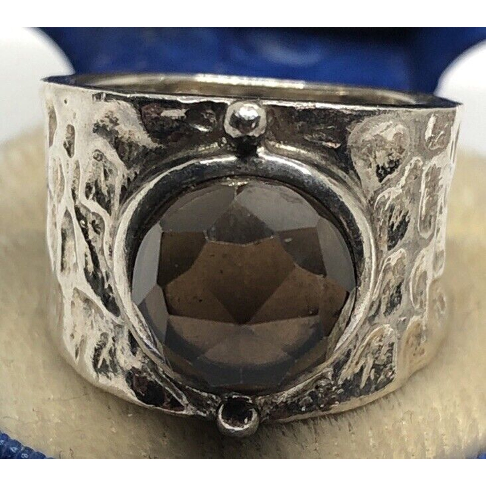 Vintage Sterling Silver Ring 925 Size 7 Band China Signed Smokey Quartz Hammered
