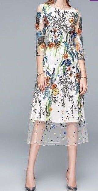 White Floral Embroidered Sheer-Overlay Midi Dress by Vicky and Lucas, Size XS