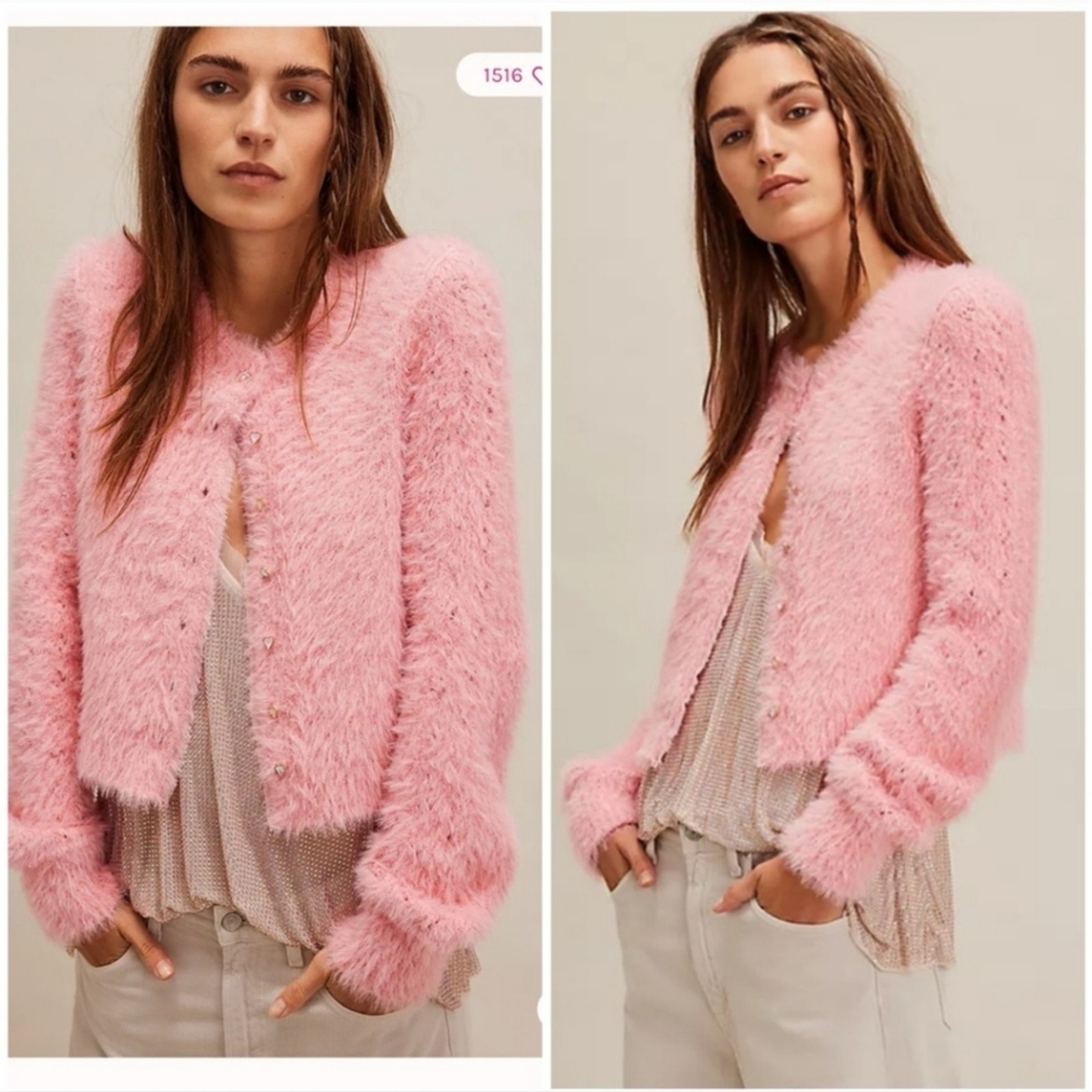 Free People Celeste Cardigan Womens L Pink Quartz Relaxed Fit Button Up Sweater
