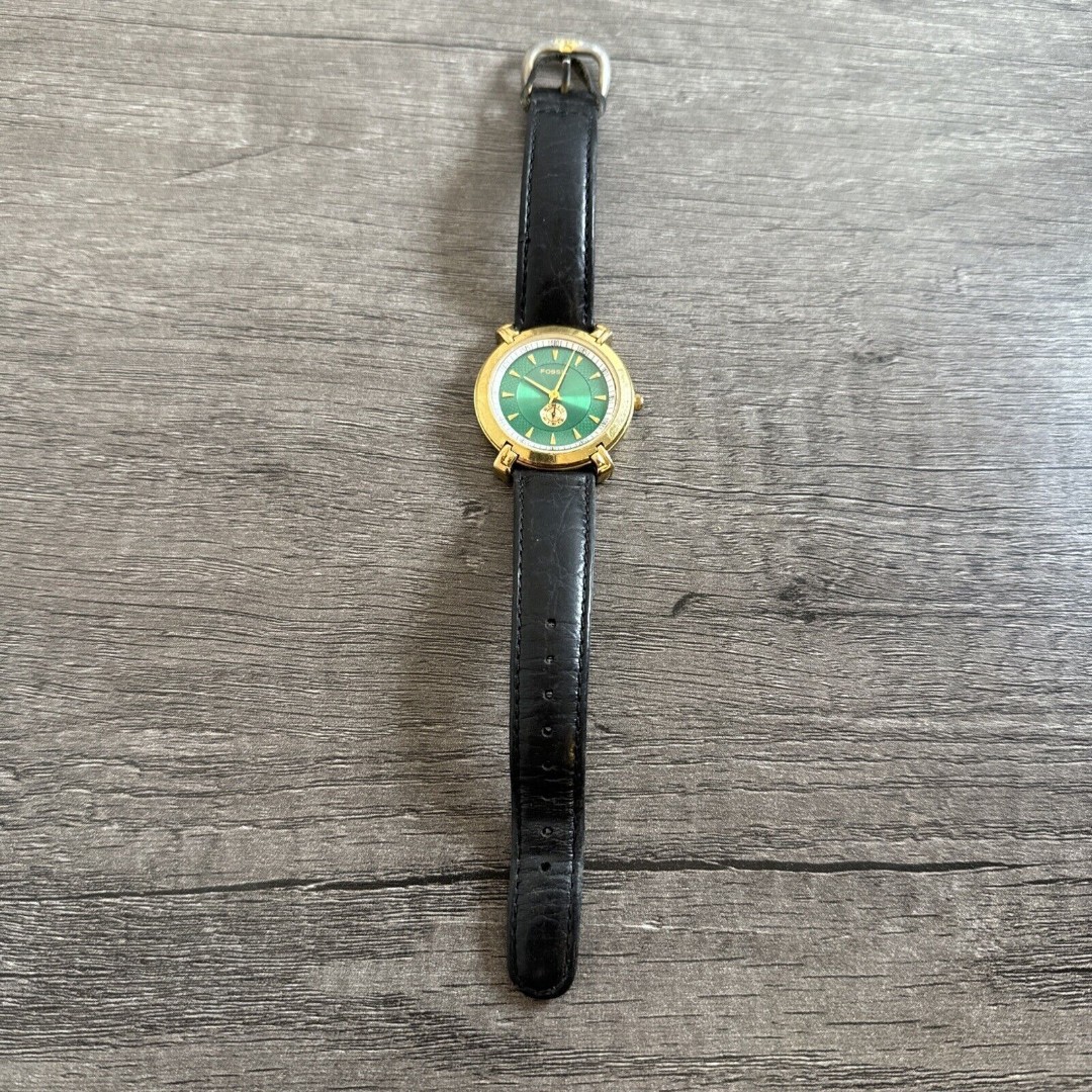 Fossil Watch Men Gold Tone Green Dial Black Leather Band Ec-8693 Vintage