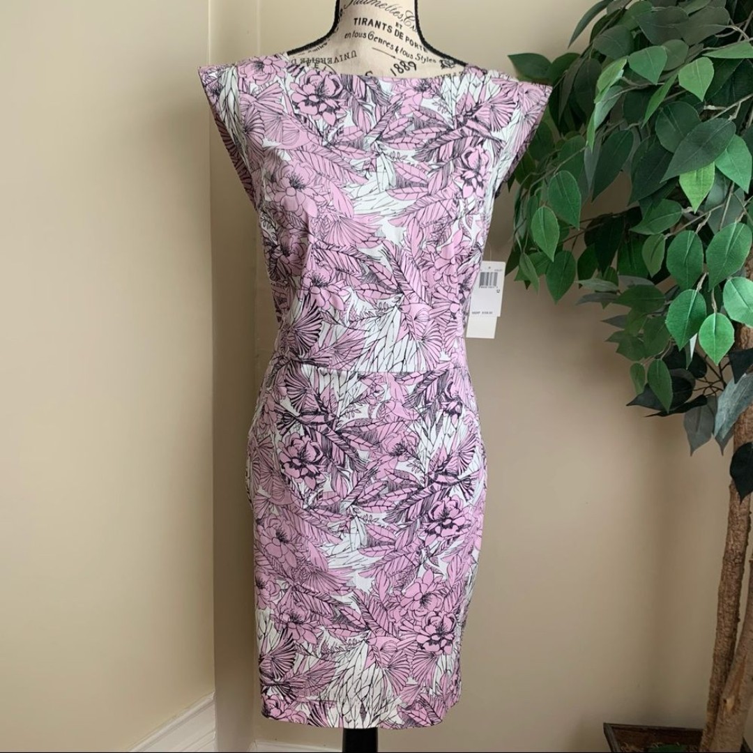 French Connection Flight of Floral Sleeveless Sheath Dress Pink Sz 12