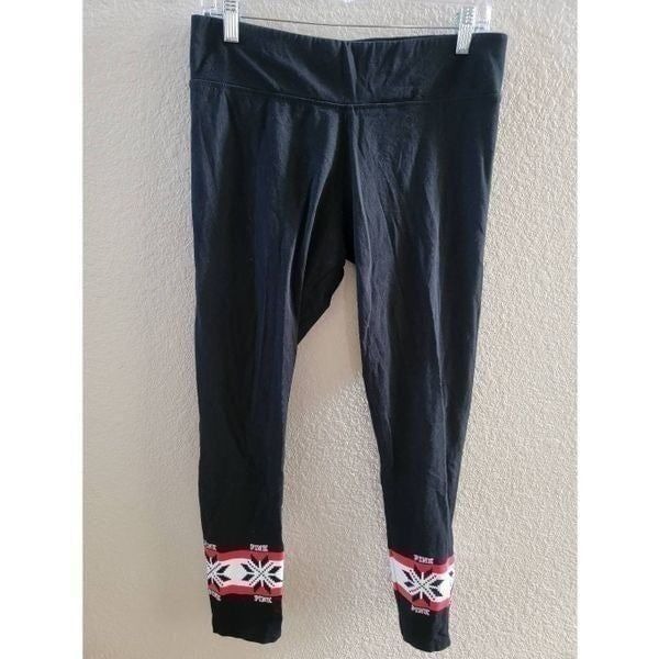 Pink Victoria's Secret Women's Black Snowflakes Elastic Waist Yoga Pants Large