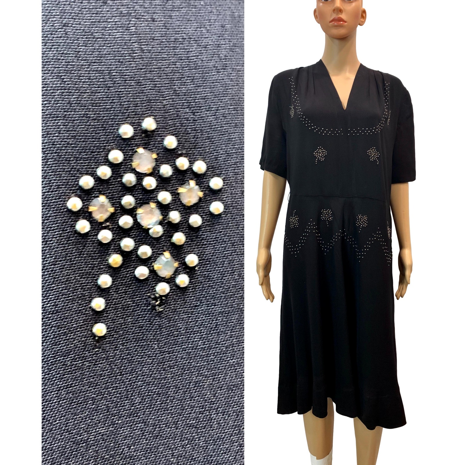 Vintage 40s Black Rayon Midi Dress w Rhinestones & Studs | M/L