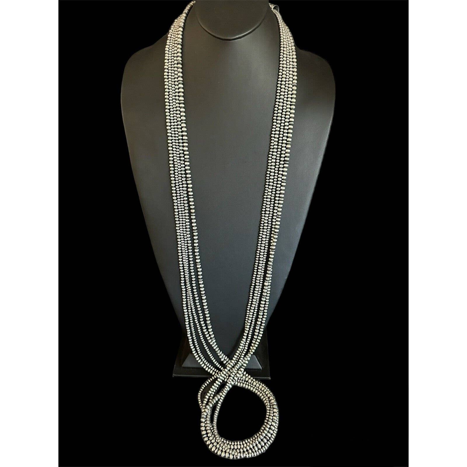Sterling Silver Oxidized Multi Strand 4mm, 5, 6 Pearls Bead Necklace 60 Inch