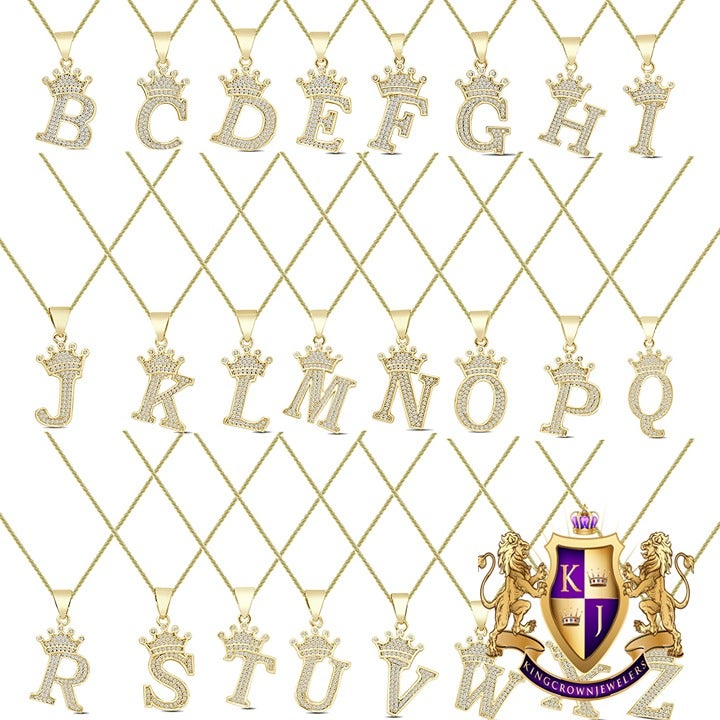 14k Yellow Gold Finish Crown Initial Letter Alphabet Unisex Charm Pendant +Chain
