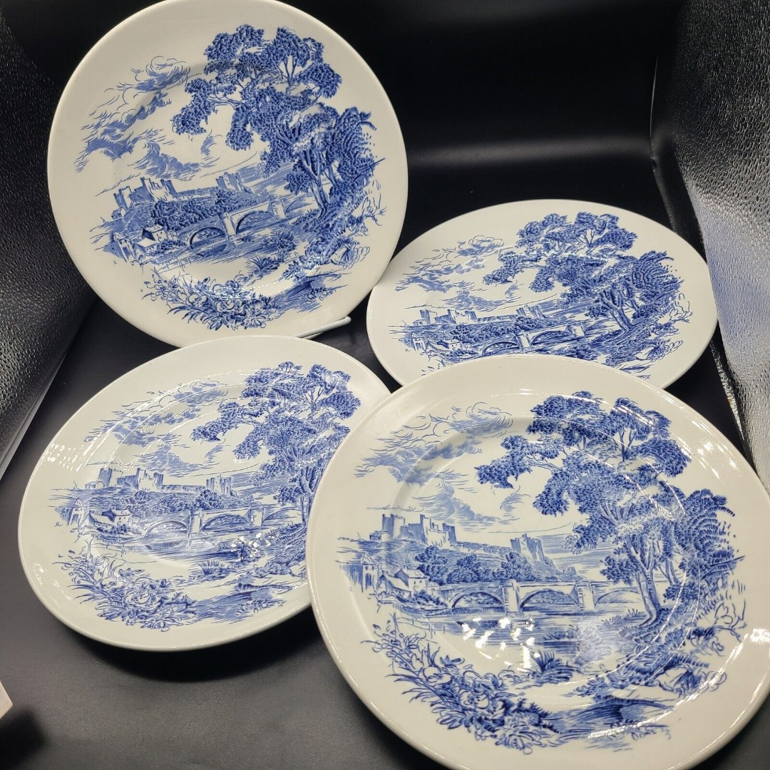 Set (4) Dinner Plates Enoch Wedgwood Tunstall Blue Countryside 10” Excellent