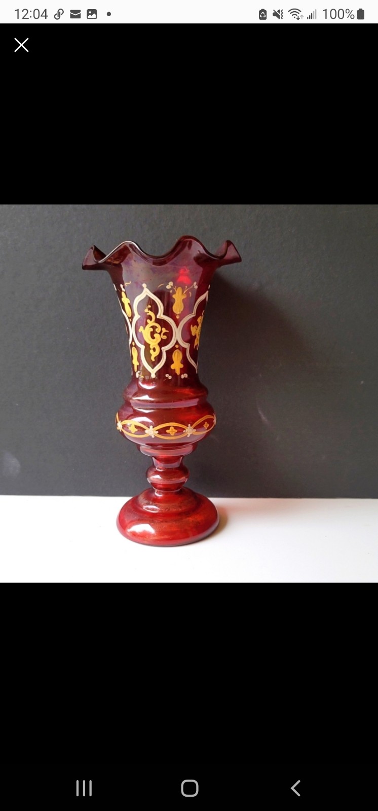Antique Cranberry Red Hand Painted and Hand Blown Art Glass Vase