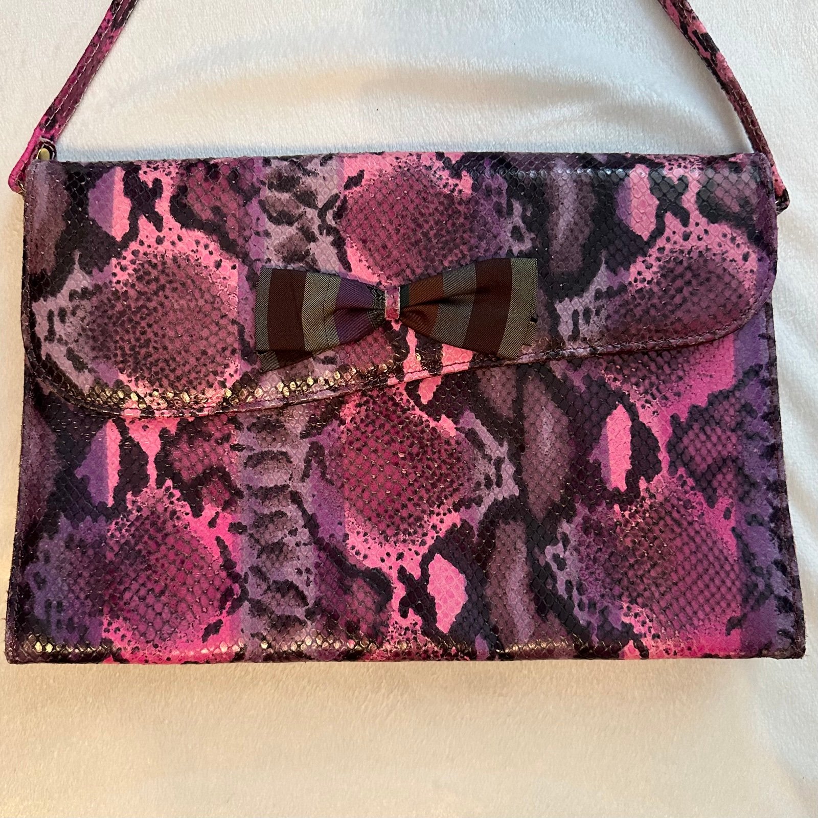 Vintage Pourchet Paris Pink Faux Snakeskin Large Clutch Purse Stripe Bow RARE