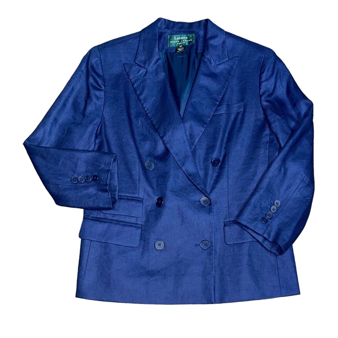 Ralph Lauren 100% Linen Blazer Blue Navy Double Breasted Jacket Women’s Size 10P