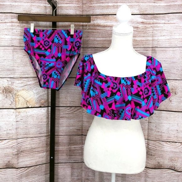 Nakimuli Pink Purple and Blue Geometric Two Piece Swimsuit Size M
