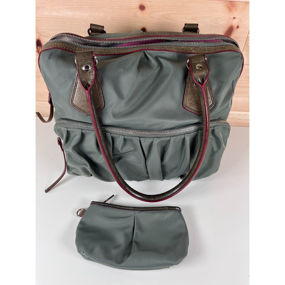 MZ WALLACE Tote Shoulder Bag Handbag Purse Everyday Nylon Leather Gray Brown
