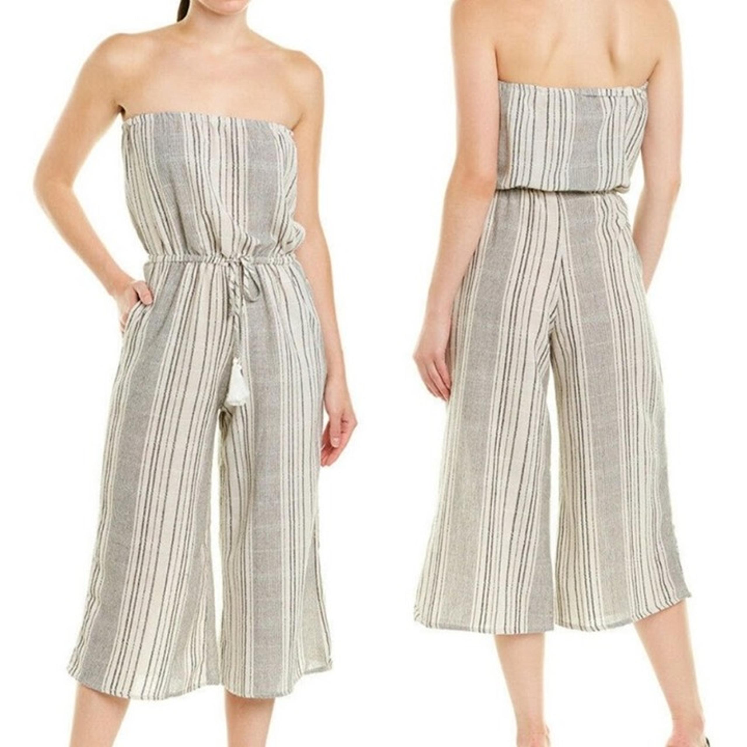 Elan Off White Linen Cotton Blend Strapless Cover-Up Black Tassel Jumpsuit Small
