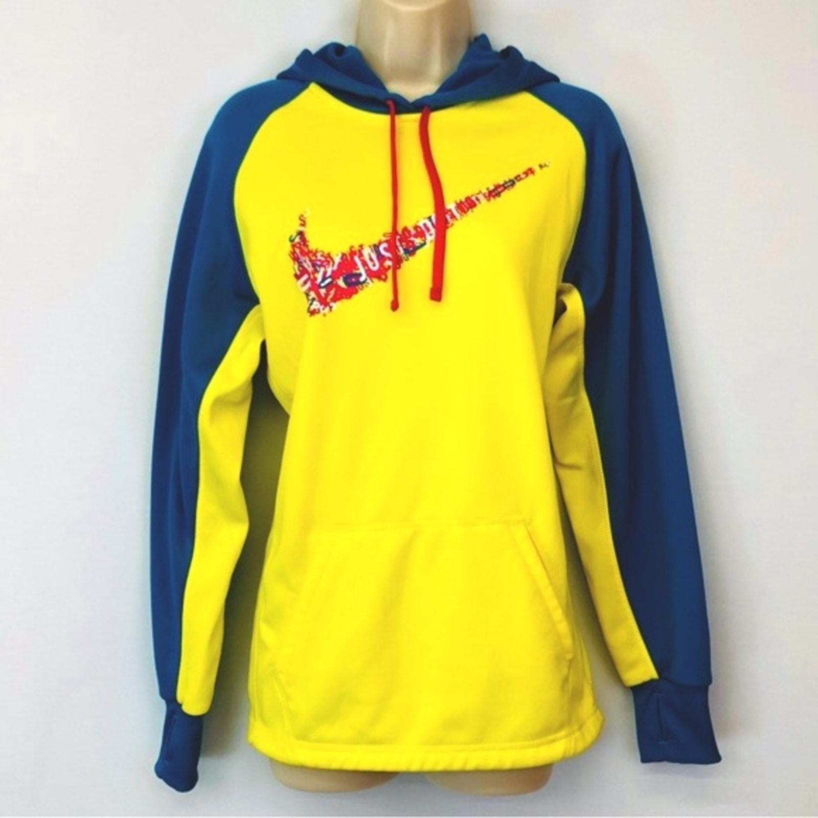 Nike Therma Fit Two Tone Yellow Turquoise Hoodie Pink Drawstring Swoosh Logo