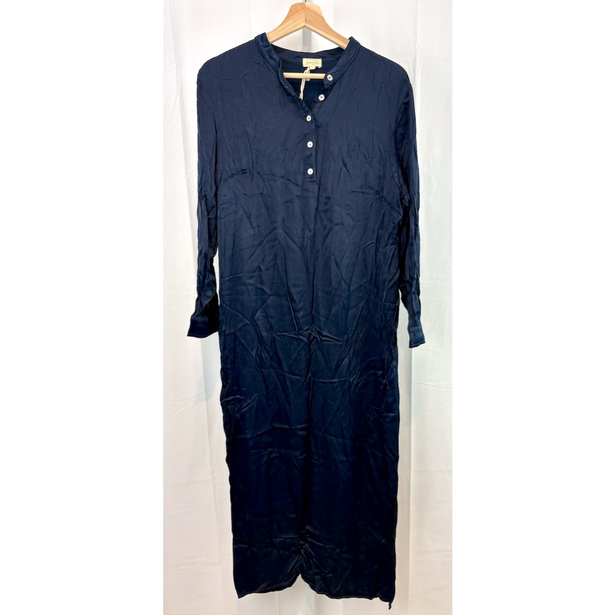 DONNI Silky Mandarin Dress Long Sleeve Side Slit Maxi Navy Blue USA Size L