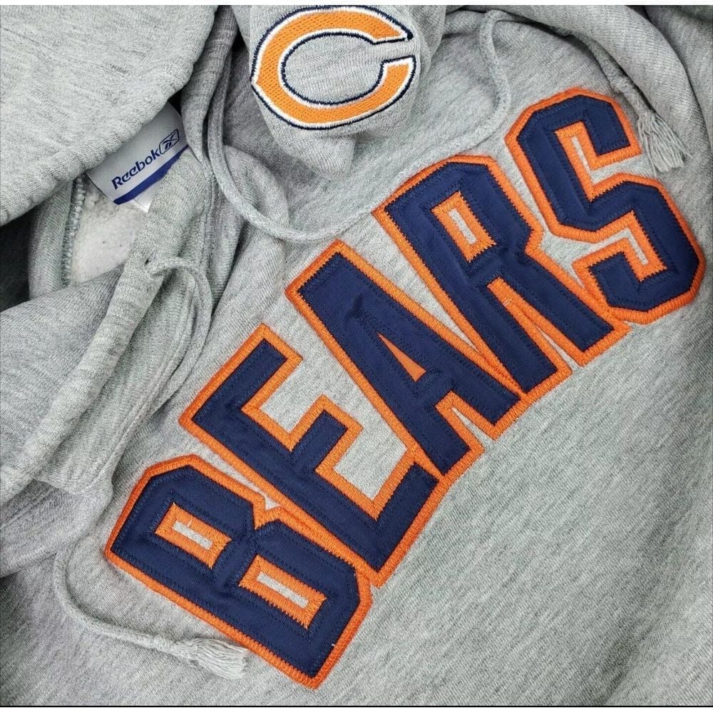 Vintage Y2K Reebok Chicago Bears Hoodie Embroidered Spellout Script Gray L Retro
