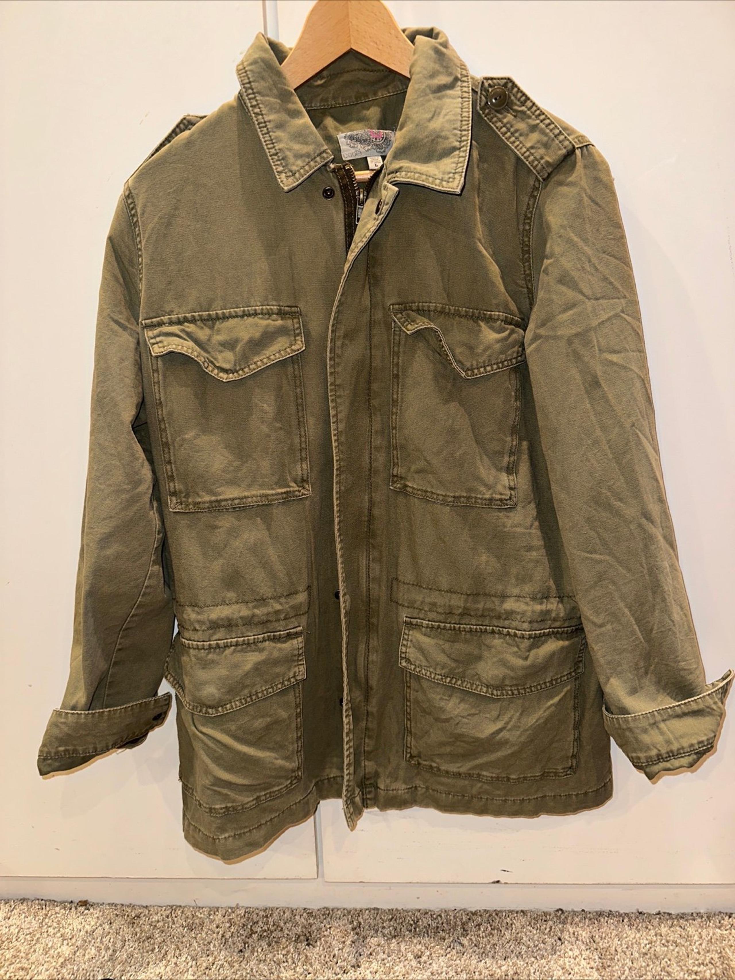 Ecote Womens Olive Cotton Long Sleeve Button Front Military Jacket Size large