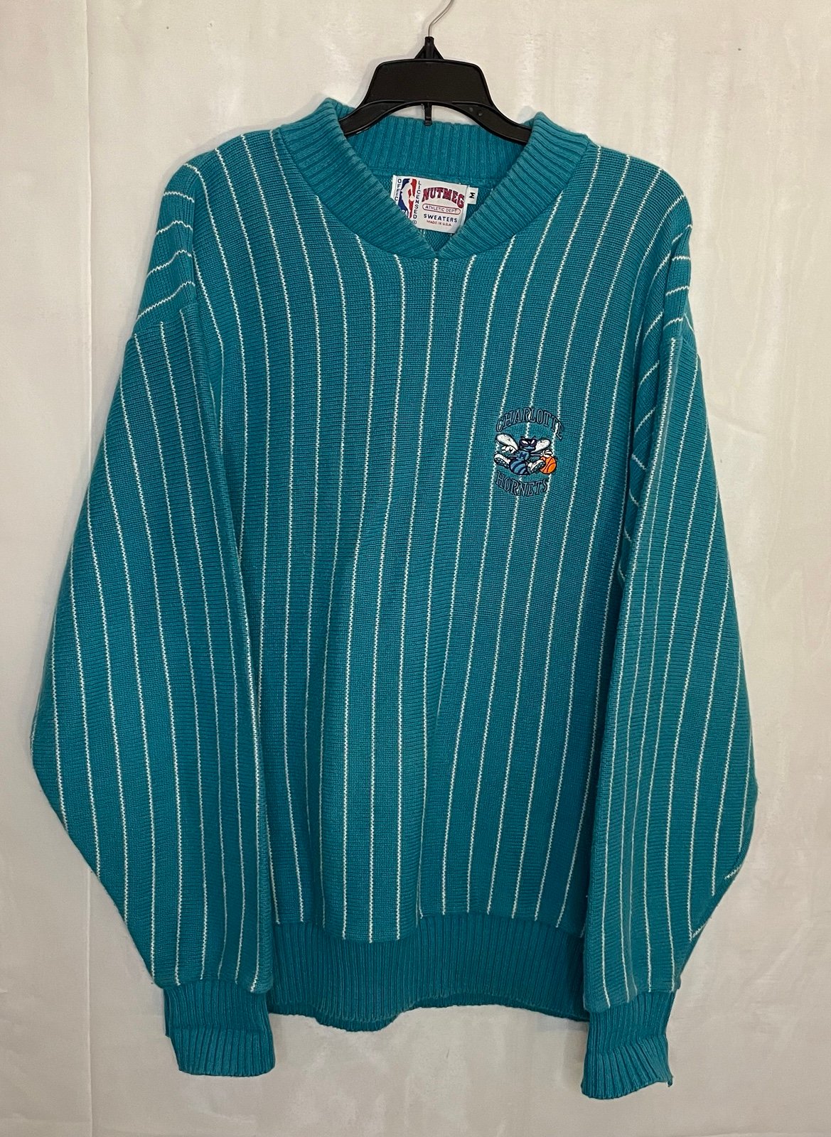 VTG Rare Charlotte Hornets NBA Basketball Vneck Medium Nutmeg Striped Pullover