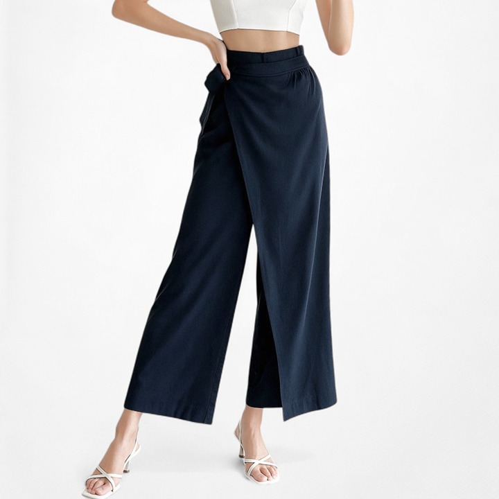 Mango Navy Blue Cropped High Waisted Wrapped Capri Wide Leg Pants Size XS