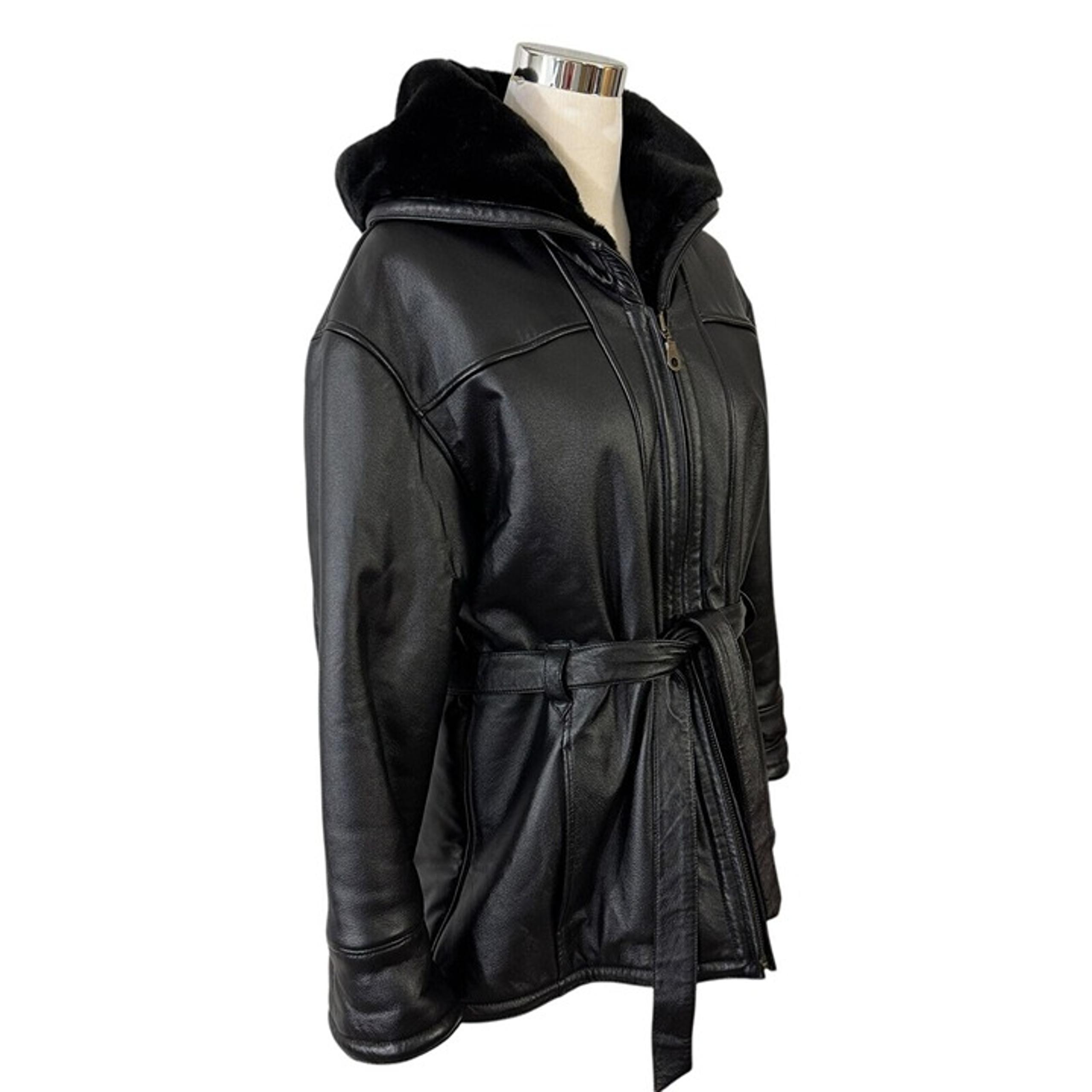 Wilsons Leather Belted Black Coat with Hood and Plush Faux Fur Lining Size L Zip