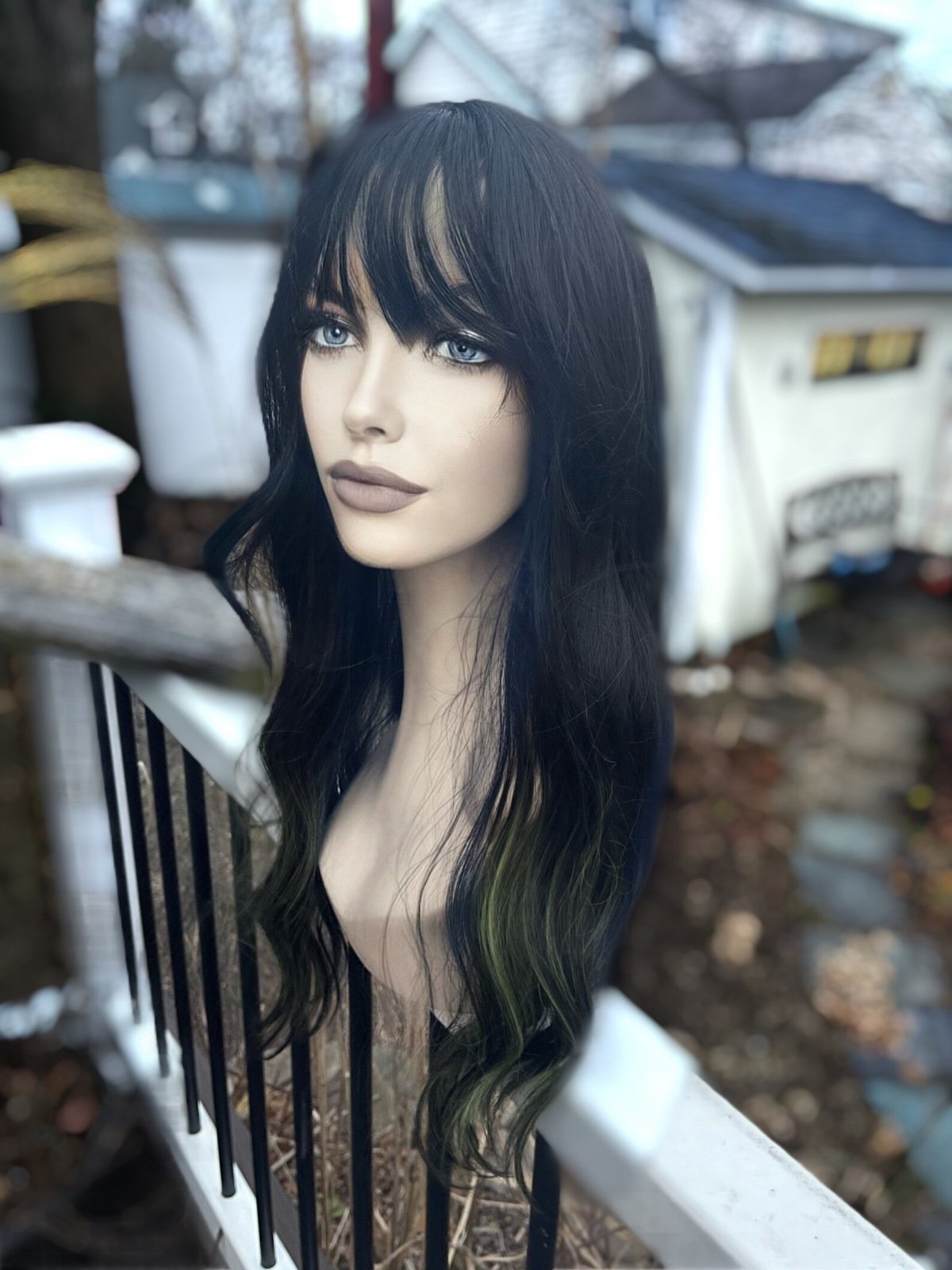 Grouchy Green Subtle Green Highlights Black Wig