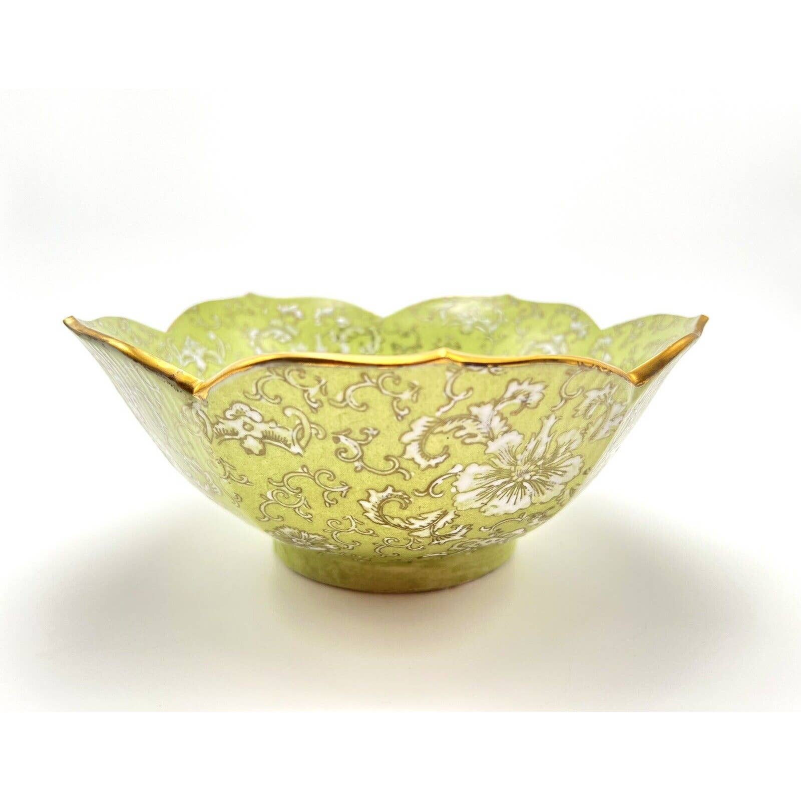 Vintage Japanese Porcelain ACF Hong Kong Green Lotus Flower Bowl Gold Guild