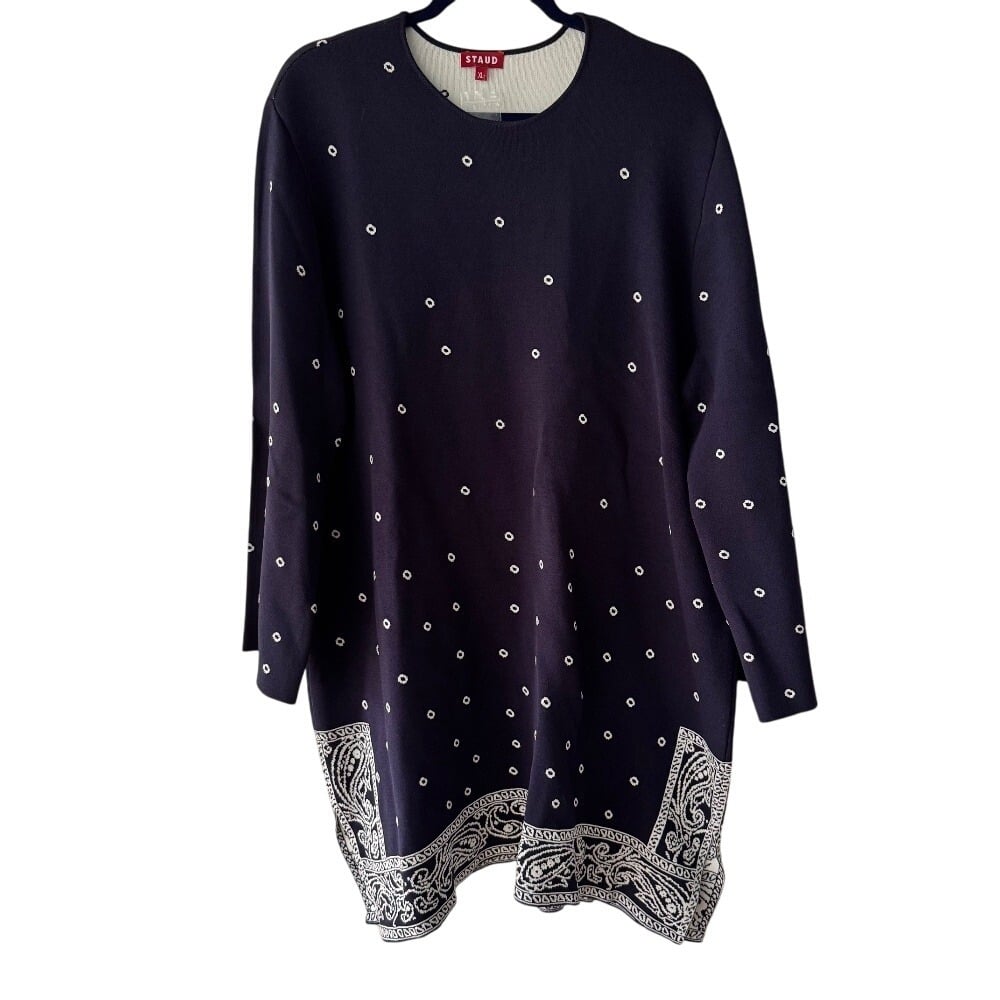 Staud Bandana Trim Knit Dress Long Sleeve Casual Navy Blue Size XL