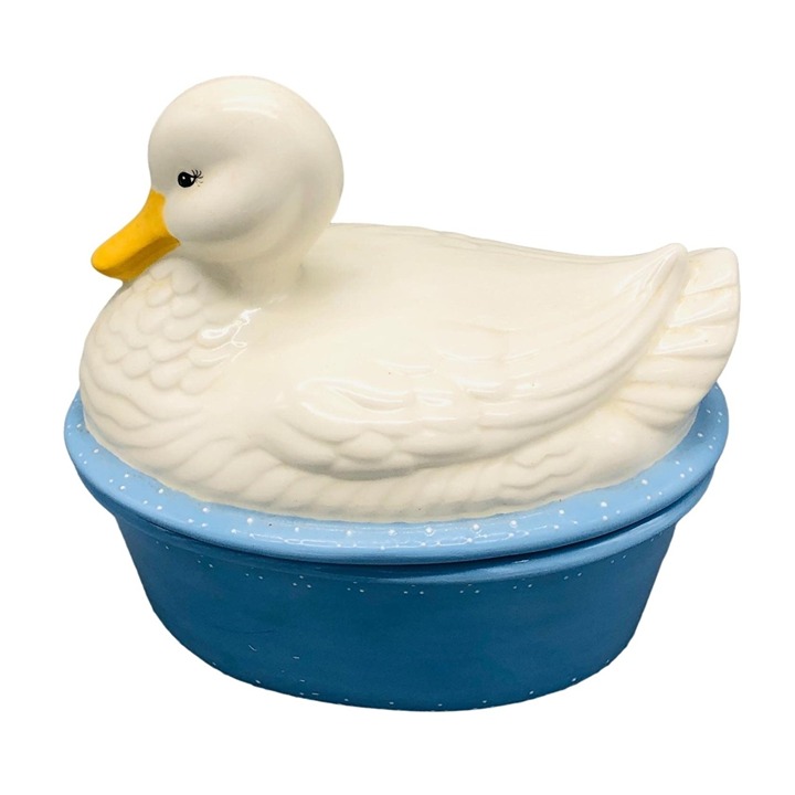 vintage duck dish with lid white light blue white dots 10x9 porcelain READ