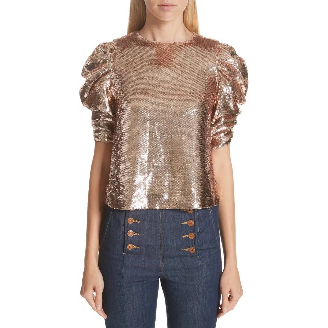 Ulla Johnson Raw Rose Gold Sequined Puff Sleeve Blouse Size 0 NWT