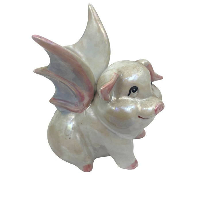 Adorable Collectible Porcelain Flying Pig Figurine With Iridescent Finish Hand-P