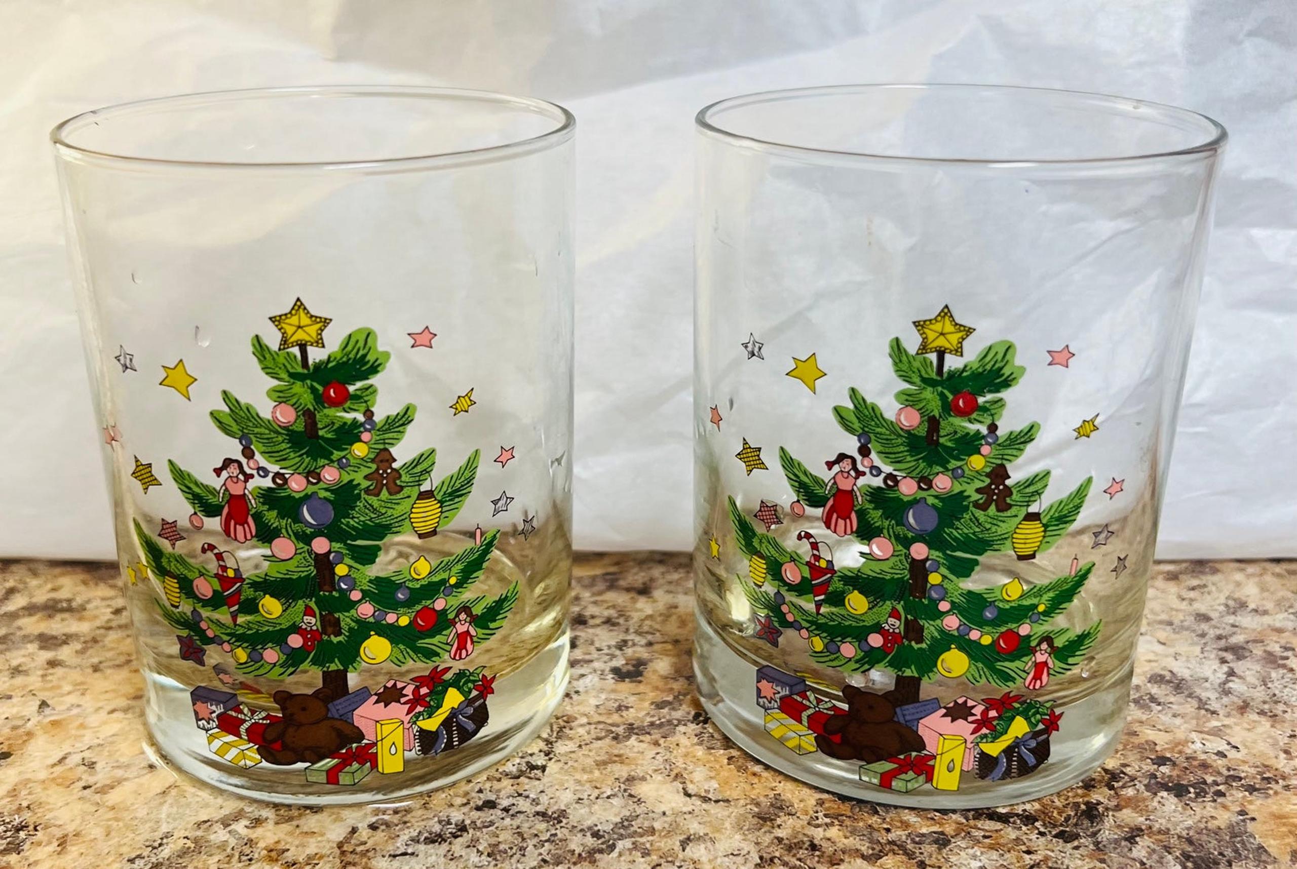 Set Of 2 Vintage Christmas Tree 12oz Holiday Highball Rocks Glasses