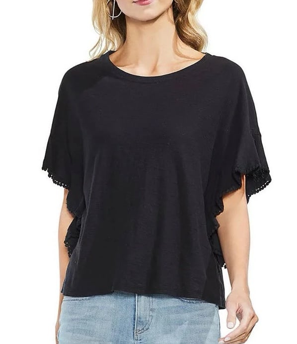 NWT Vince Camuto Drop Shoulder Ruffle Dot Trim Top Women’s Medium Black Crewneck