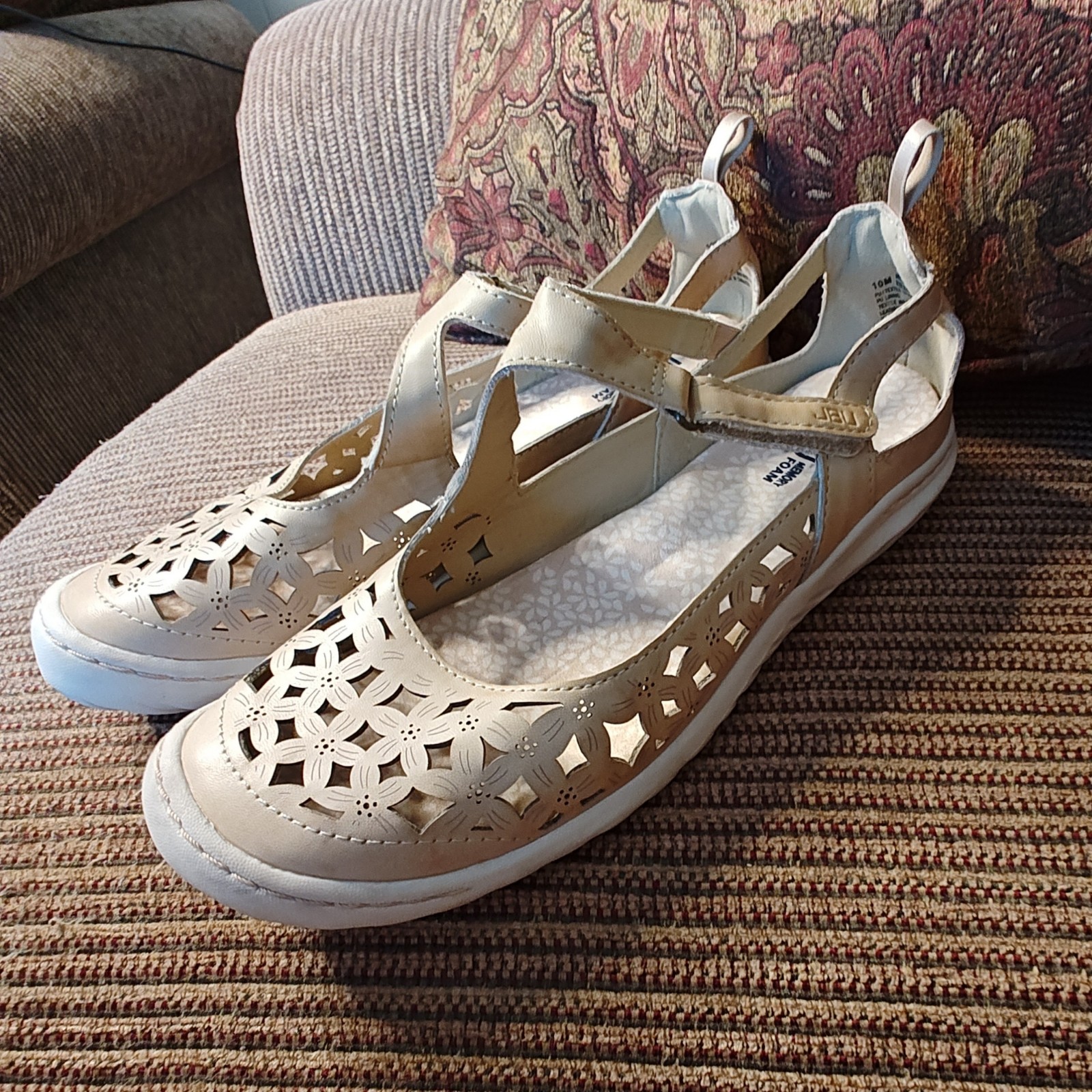 Stylish JBU by Jambu Womens Bellerose Leather Mary Jane Flat Sandal Beige Sz 10