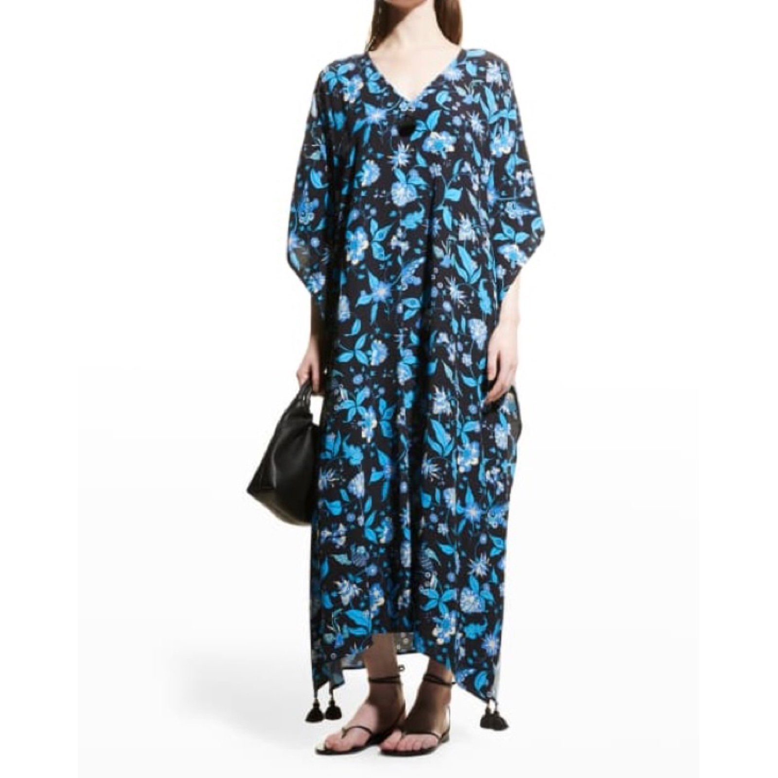 figue - eliza floral print tassel kaftan maxi dress v-neck lightweight blue