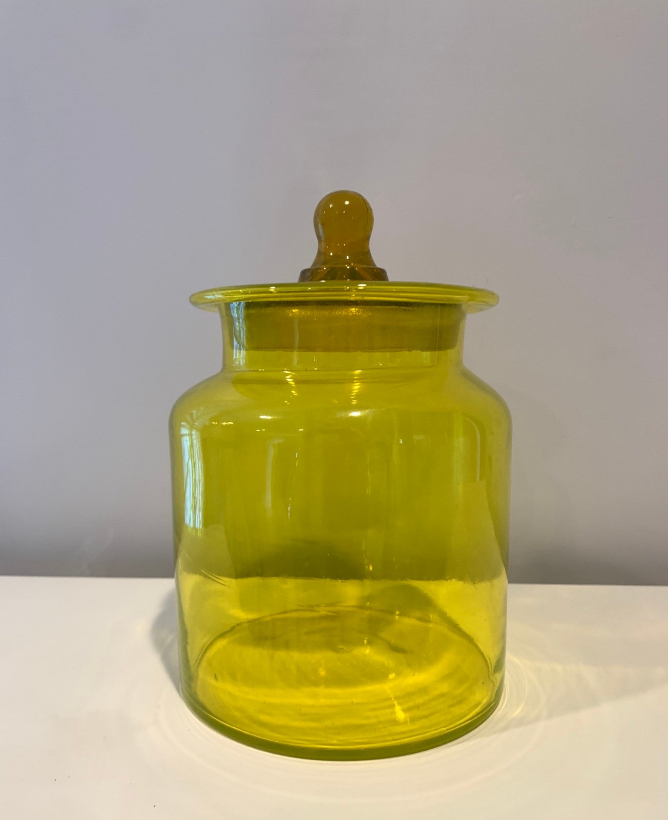 Vintage MCM Yellow Takahashi, Japan hand blown glass jar canister apothecary wit