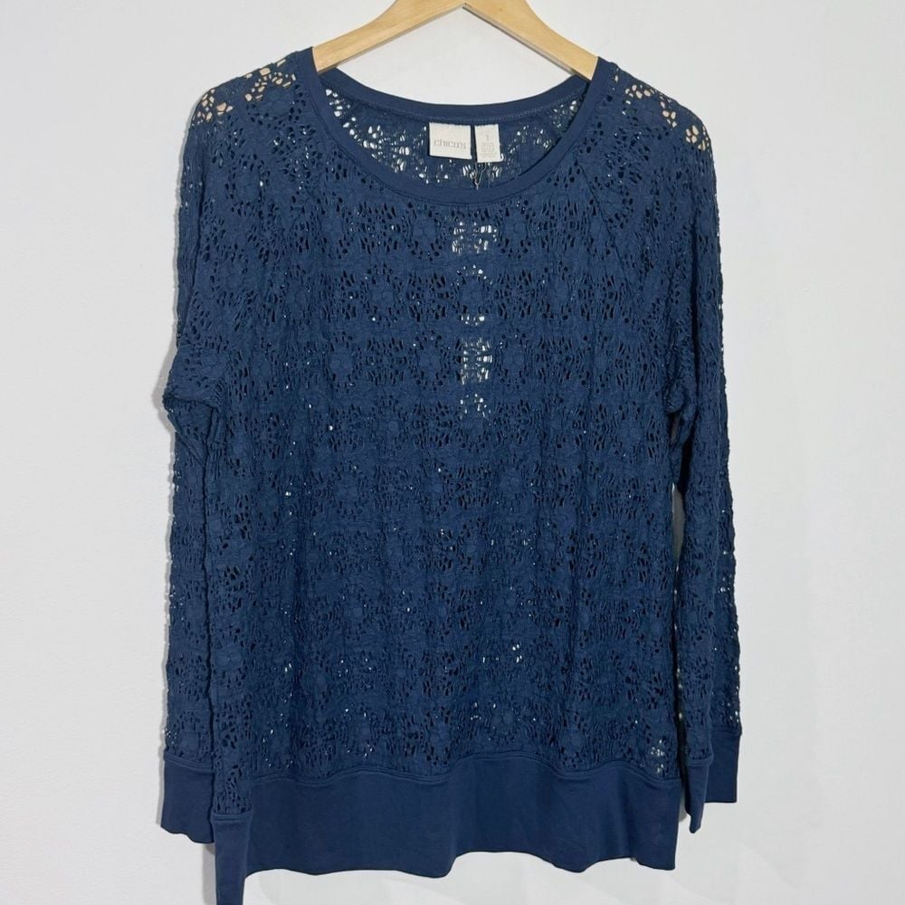 NWT Chico's Noel Novelty Texture Top In Navy Twilight blue Size Medium Chico's 1