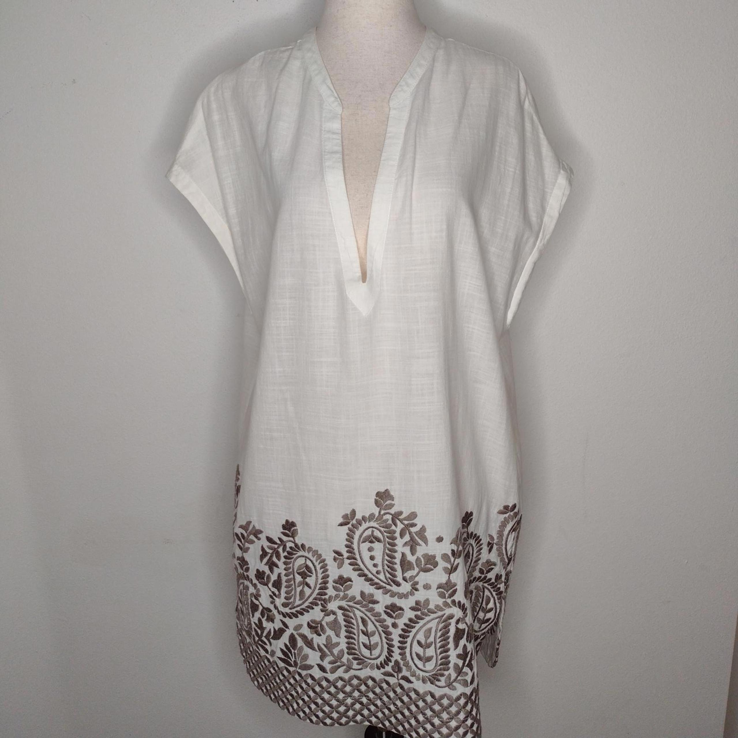 Athleta White/Embroidered Luxe Kaftan Foxtail Taupe Swimsuit Cover-up Size Small